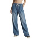 Zaca Womens Wide Leg Jeans High Waisted Stretch Frayed Drawstring Boyfriend Trouser Jeans Denim Pants