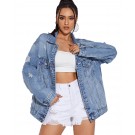 Zacca Women Casual Oversize Denim Jackets Mid Long Vintage Ripped Jean Coats