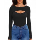 Zacca Womens Long Sleeve Tops Cut Out Front Ribbed Fitted Sexy Cute Casual Tops Tee Dressy T-Shirts Tshirt