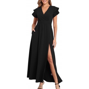 Zacca Women V Neck Short Sleeve Sexy Split 2025 Wedding Guest Cocktail Prom Party Flowy Wrap Maxi Dress with Pockets