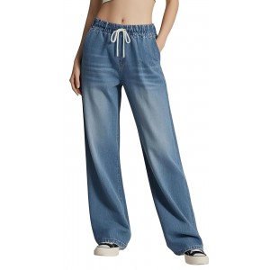 Zaca Womens Wide Leg Jeans High Waisted Stretch Frayed Drawstring Boyfriend Trouser Jeans Denim Pants