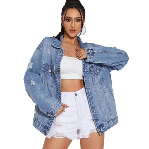 Zacca Women Casual Oversize Denim Jackets Mid Long Vintage Ripped Jean Coats