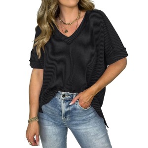 Zacca Womens Textured T Shirt Short Sleeve Tops Ribbed T Shirts V Neck Tees Basic Blouses Loose Summer Casual 2025 Trendy