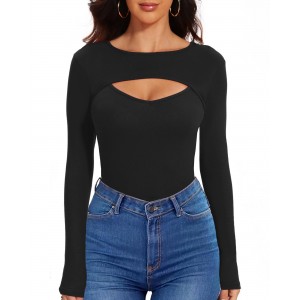 Zacca Womens Long Sleeve Tops Cut Out Front Ribbed Fitted Sexy Cute Casual Tops Tee Dressy T-Shirts Tshirt